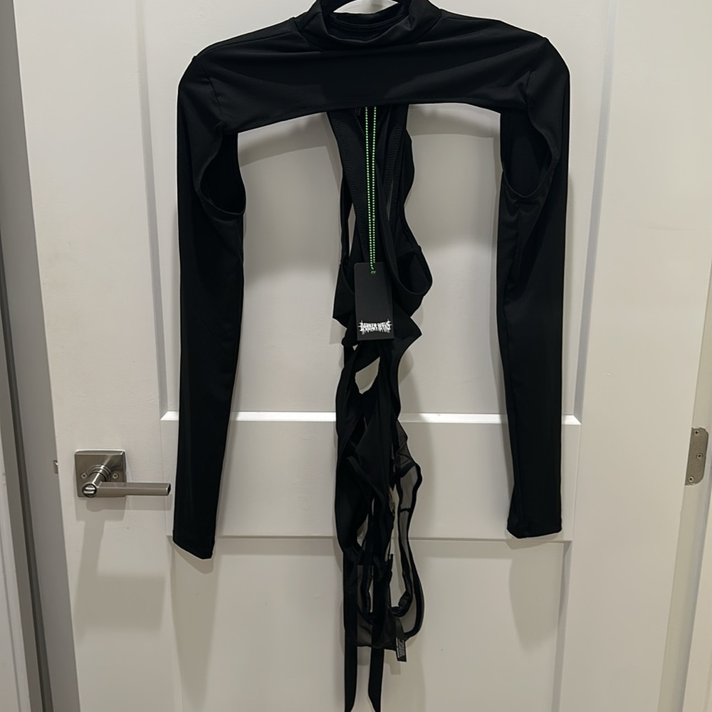 Dolls Kill Black Long-Sleeve Cutout Bodysuit with Strappy Ladder Back